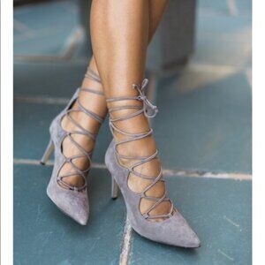 Vince Camuto Barsha Taupe Suede Lace‎ Up Pump Point
